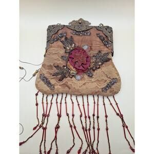 Vintage Victorian Wayne Kleski Beaded Purse Handbag Brown Metal Chain